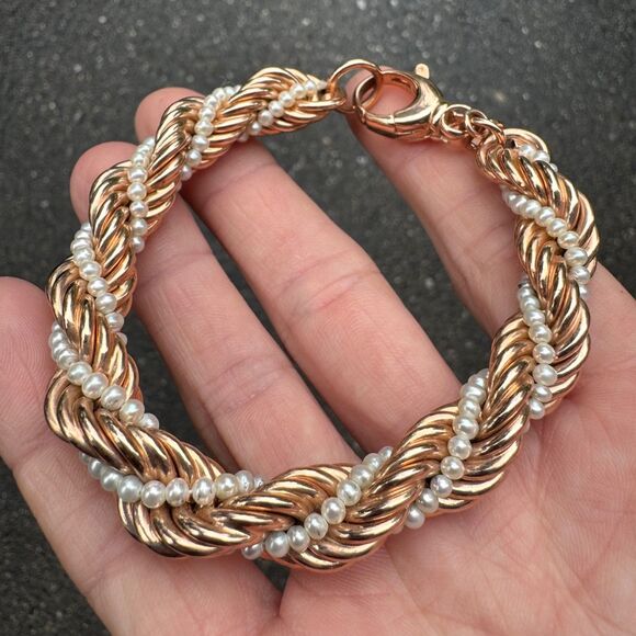 HONORA Cultured Pearl & Bronze Bracelet Rose Gold Tone Twist Rope Italy 8" - Picture 5 of 12